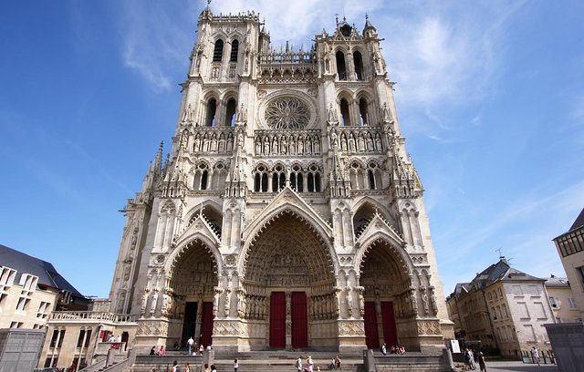 The magnificent Gothic facade of Amiens Cathedral, built 1225-40.